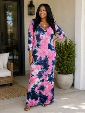 eesome Pink & Navy Tie-Dye V-Neck Maxi Dress